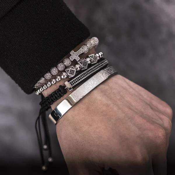 H2e4958e5af024aec851d3ca8f5ca21bd9-1.webp Ensemble de 4 Bracelets en Acier avec Inscriptions Bibliques pour Hommes