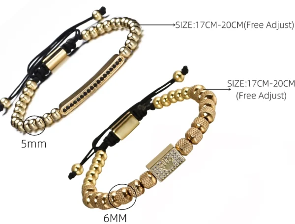 Bracelet Charm pour Hommes 2pcs, Acier Inoxydable, Perles et Couronne en Zirconium Doré