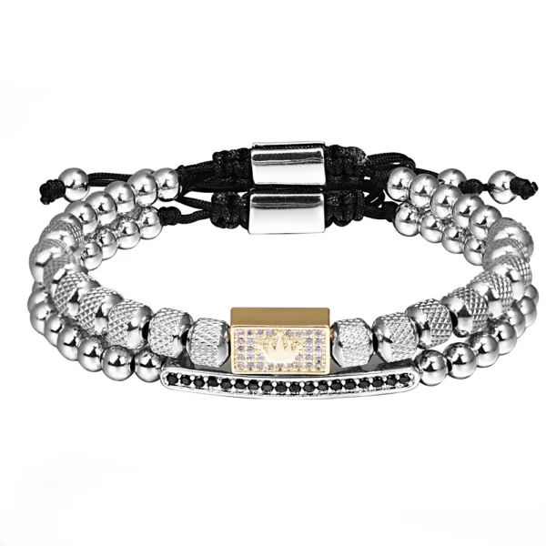 Bracelet Charm pour Hommes 2pcs, Acier Inoxydable, Perles et Couronne en Zirconium Doré