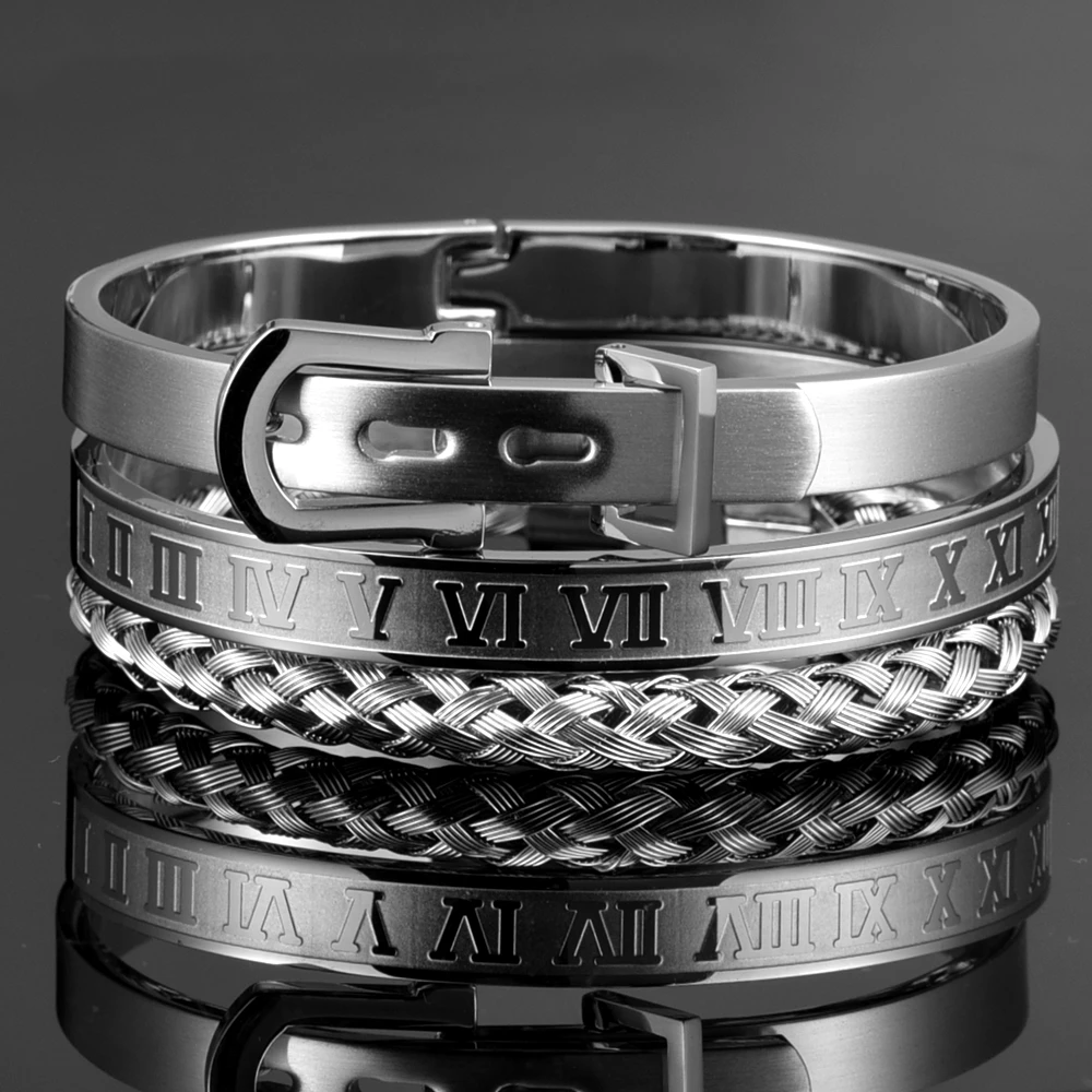 Ensemble 3pcs de Bangles en Acier Inoxydable, Style Classique et Luxueux