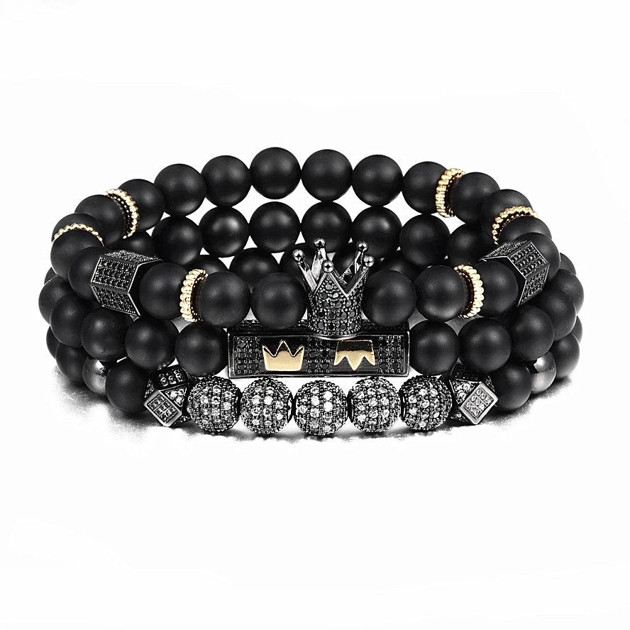 Ensemble de 3 Bracelets Perles et Charme Couronne pour Hommes et Femmes