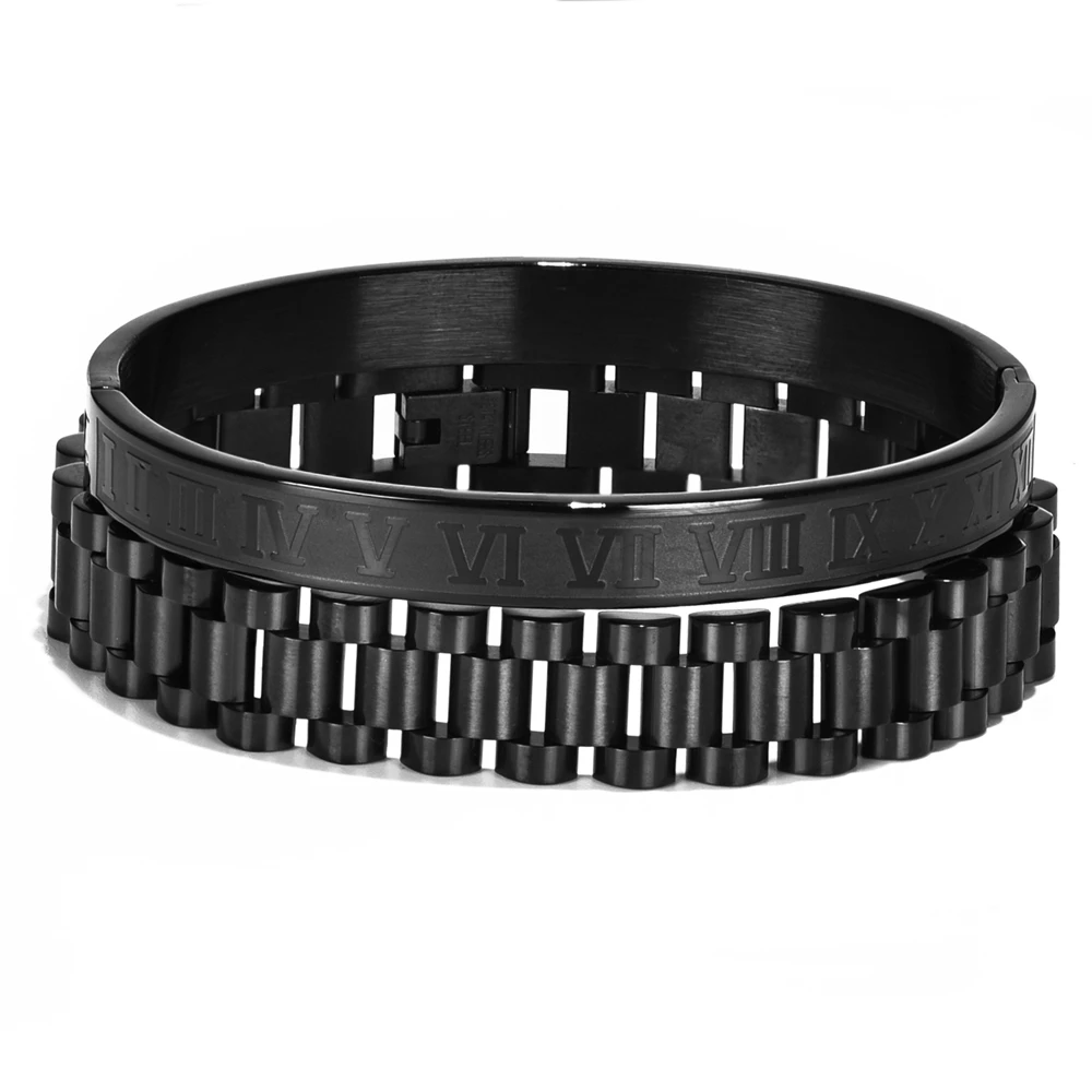 Duo de Bracelets Manchette Romains en Acier, Dorés, pour Hommes