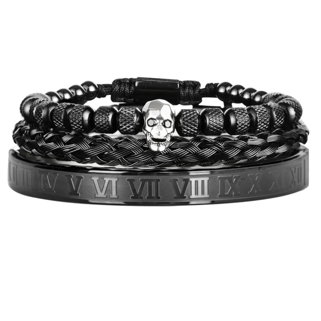 Ensemble de 3 Bracelets de Luxe avec Charme Crâne pour Homme