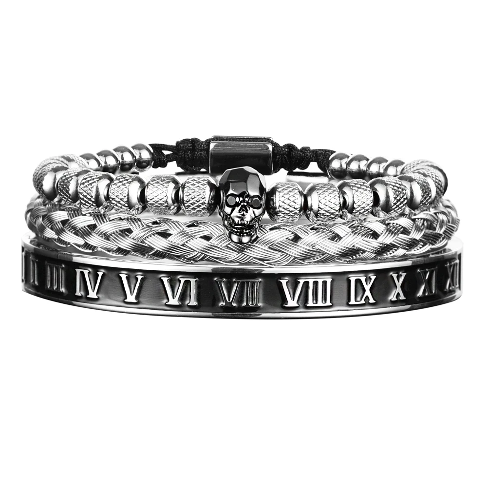 Ensemble de 3 Bracelets de Luxe avec Charme Crâne pour Homme