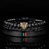 Bracelet Fait Main avec Tressage et Tête de Léopard Pavée de CZ, en Émail Vert et Rouge