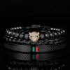 Bracelet Fait Main avec Tressage et Tête de Léopard Pavée de CZ, en Émail Vert et Rouge