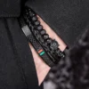 Bracelet Fait Main avec Tressage et Tête de Léopard Pavée de CZ, en Émail Vert et Rouge