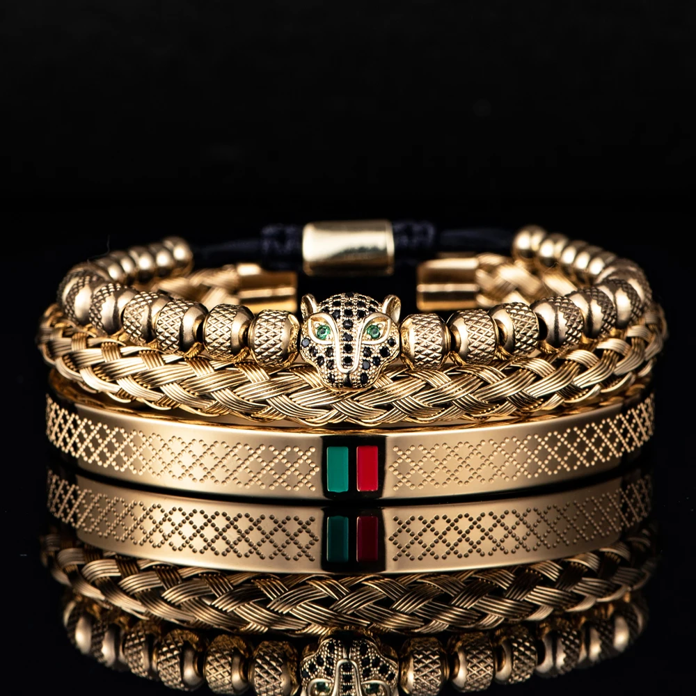Bracelet Fait Main avec Tressage et Tête de Léopard Pavée de CZ, en Émail Vert et Rouge
