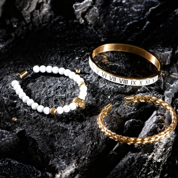 Ensemble de Bracelets de Luxe avec Crâne Doré pour Homme