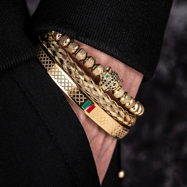 S4f481beb54fd44d38f6635724de79874H.webp Bracelet Fait Main avec Tressage et Tête de Léopard Pavée de CZ, en Émail Vert et Rouge