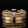 Bracelet Fait Main avec Tressage et Tête de Léopard Pavée de CZ, en Émail Vert et Rouge