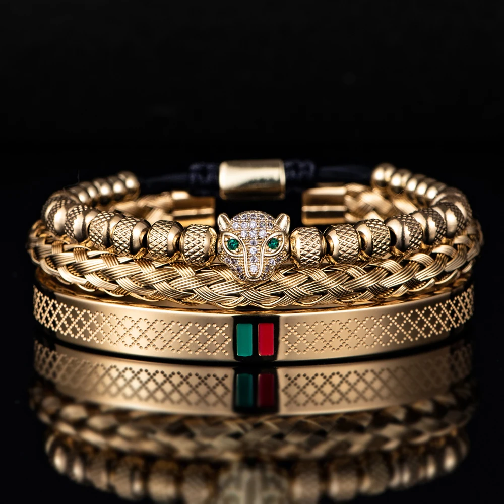 Bracelet Fait Main avec Tressage et Tête de Léopard Pavée de CZ, en Émail Vert et Rouge