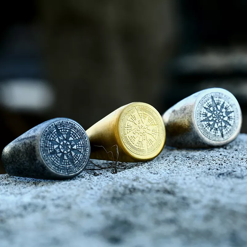 Bague Viking en Acier Inoxydable avec Croix et Compas Runic, Beier