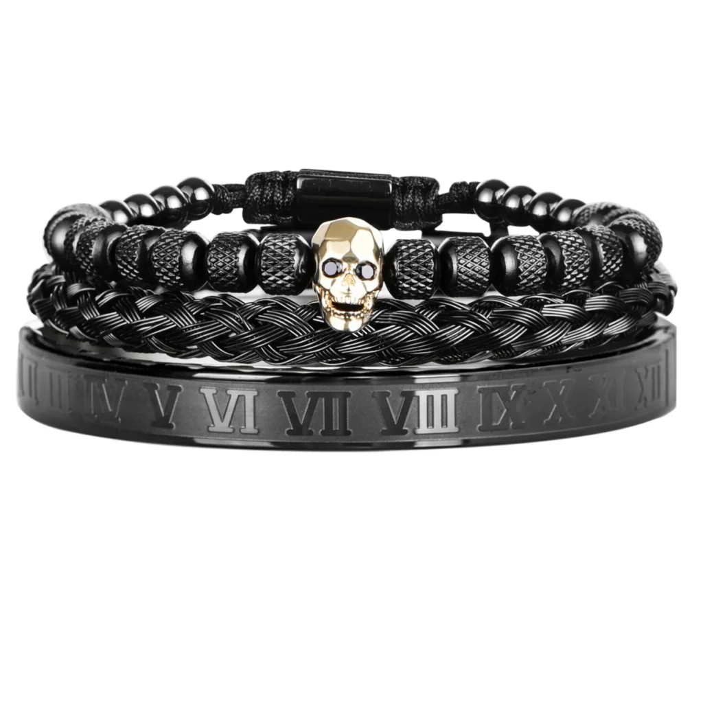 Ensemble de 3 Bracelets de Luxe avec Charme Crâne pour Homme