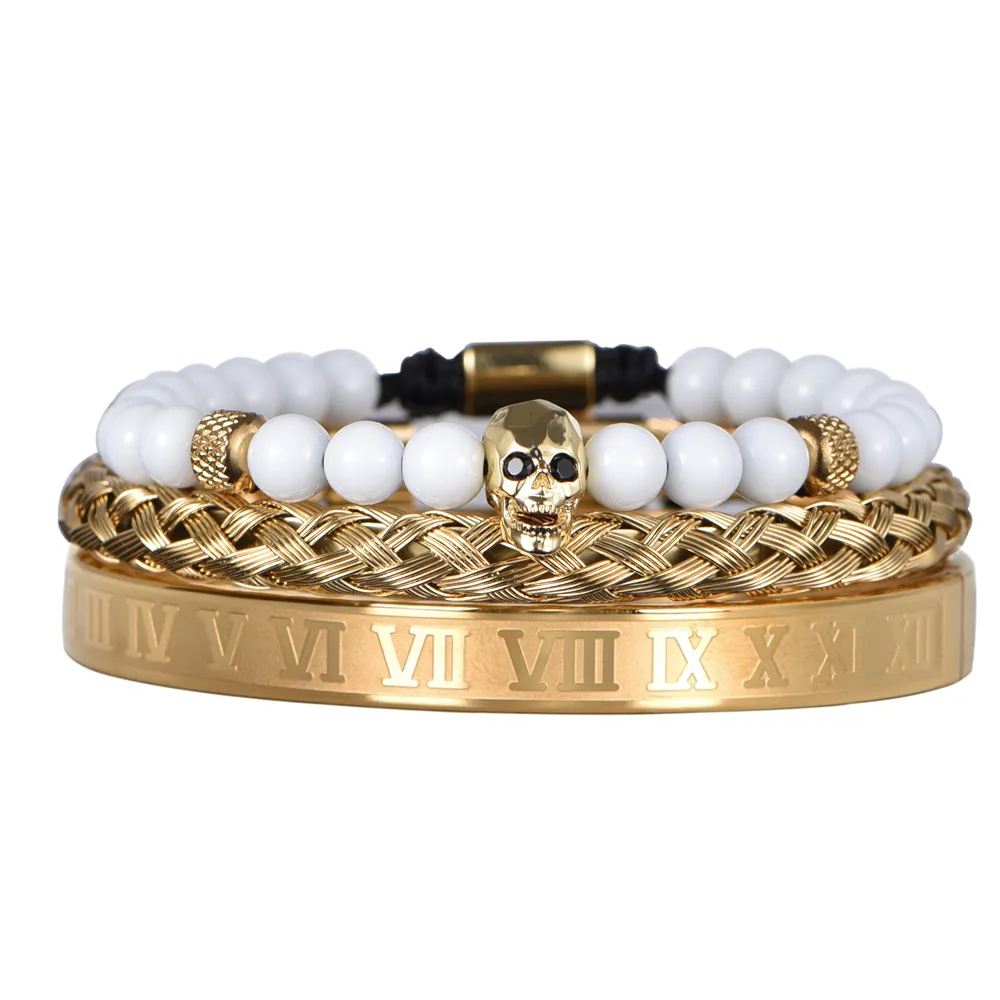 Ensemble de Bracelets de Luxe avec Crâne Doré pour Homme