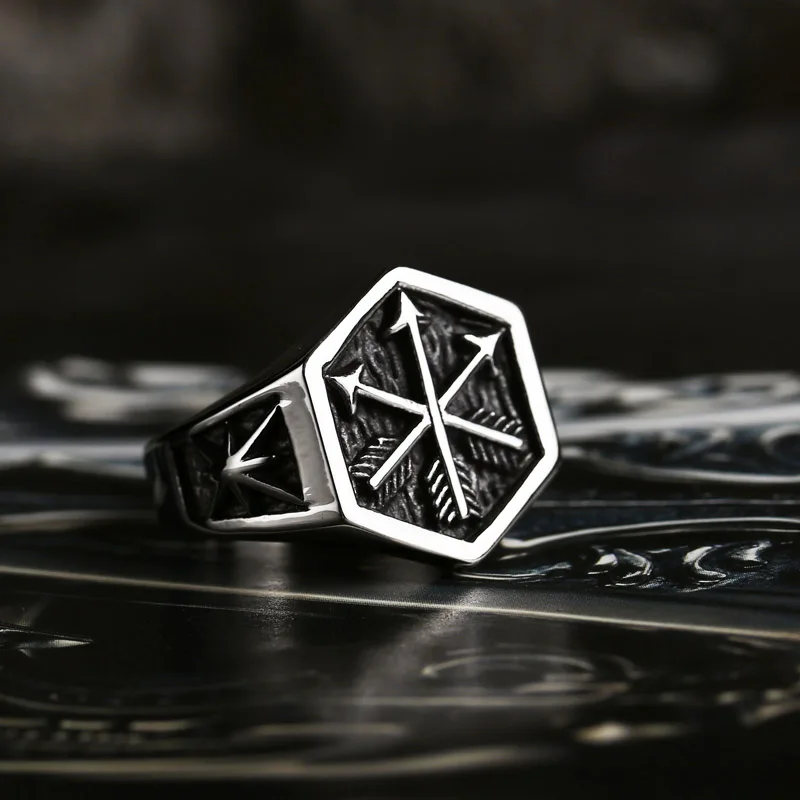 Bague Viking en Acier Inoxydable avec Croix et Compas Runic, Beier