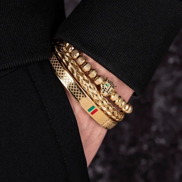 S882ddddf0a324fc291105b14245a08ea4.webp Bracelet Fait Main avec Tressage et Tête de Léopard Pavée de CZ, en Émail Vert et Rouge