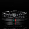 Bracelet Fait Main avec Tressage et Tête de Léopard Pavée de CZ, en Émail Vert et Rouge
