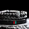 Bracelet Fait Main avec Tressage et Tête de Léopard Pavée de CZ, en Émail Vert et Rouge
