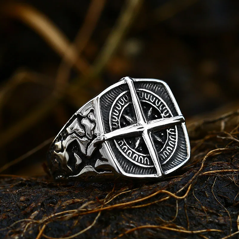 Bague Viking en Acier Inoxydable avec Croix et Compas Runic, Beier