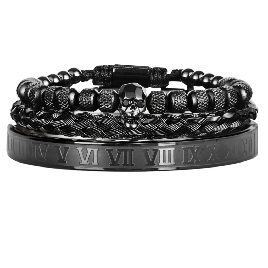 Ensemble de 3 Bracelets de Luxe avec Charme Crâne pour Homme