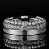 Bracelet Fait Main avec Tressage et Tête de Léopard Pavée de CZ, en Émail Vert et Rouge