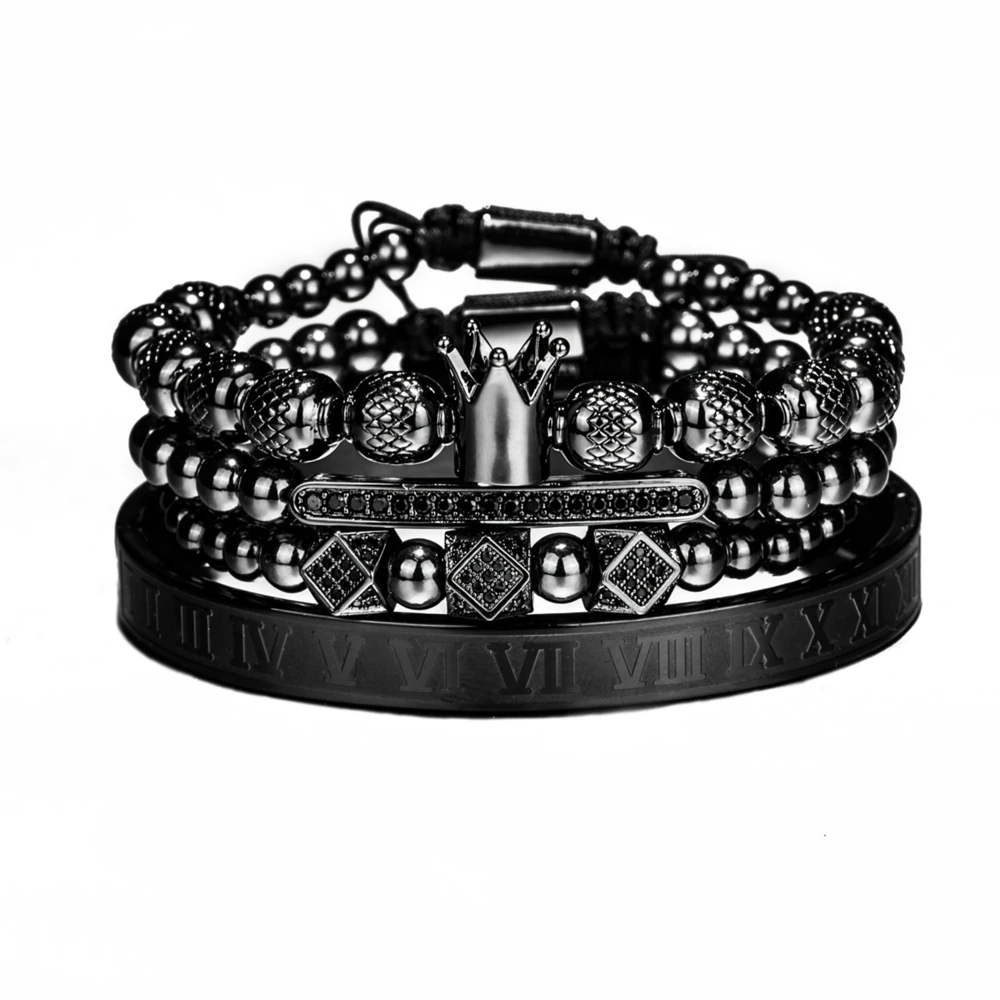 2020 New Design Handmade Braiding Bracelet Hip Hop Men Polished Crown Roman Numeral Bracelet Luxury Jewelry DropShiping