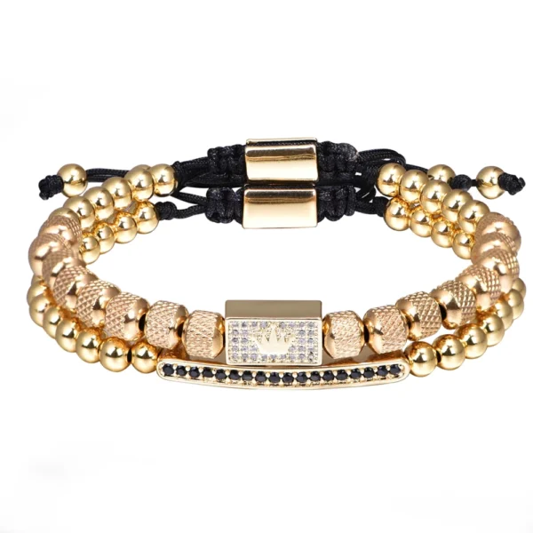 H29518f68068a4b2d9a44eb72bb063d6bv-4.webp 2pcs/set Charm Bracelet Men Stainless Steel Bracelet Beads Gold Color Bracelet For Men Cz Zircon Crown Bracelet