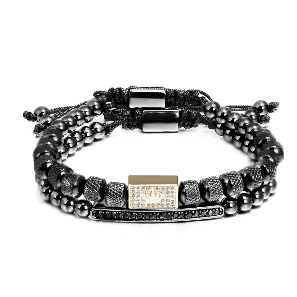 2pcs/set Charm Bracelet Men Stainless Steel Bracelet Beads Gold Color Bracelet  For Men Cz Zircon Crown Bracelet