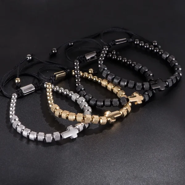 H759b48e6a00b440b8af47b08a640beef0.webp Charm Bracelet Cross Stainless Steel Beaded Bracelets Handmade Men Women Prayer Fitness Chain Couple Jewelry Gift