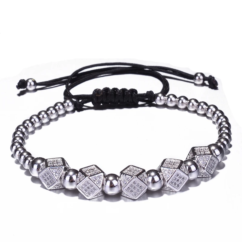 Geometric Faced Crystal Rivets Charms Bracelets For Women Men Copper Beaded Bracelets Male Accessories Pulseira Masculina