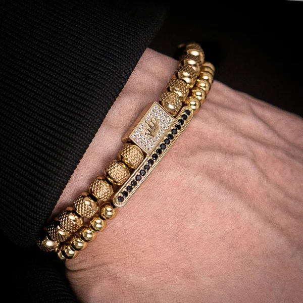 Hf993d24667ef4419a21a1df5f40ae713x-5.webp 2pcs/set Charm Bracelet Men Stainless Steel Bracelet Beads Gold Color Bracelet For Men Cz Zircon Crown Bracelet