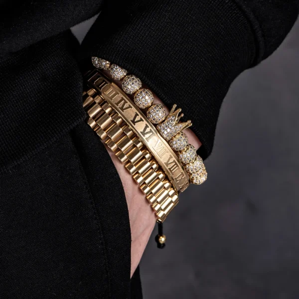 S0c8f5ea0523c4a959643572b2cf8c2d0X-3.webp 3pcs Luxury Micro Pave CZ Crown Roman Numeral Bracelet Watch Band Stainless Steel Dudes Rollie Macrame Wristbands Men Jewelry