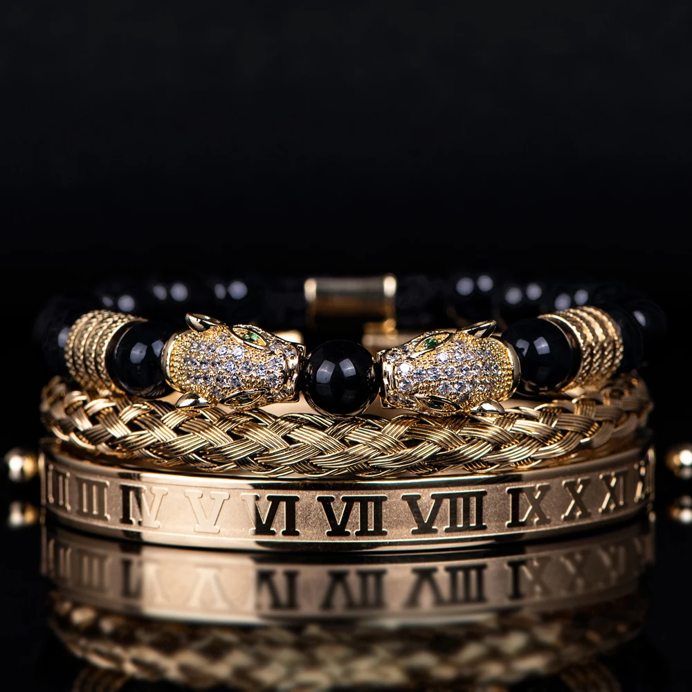 Luxury Set Bracelets Men Double Leopard head Handmade Enamel Roman Numeral Bangles Rope Buckle Stone Beads Jewelry Dropshipping