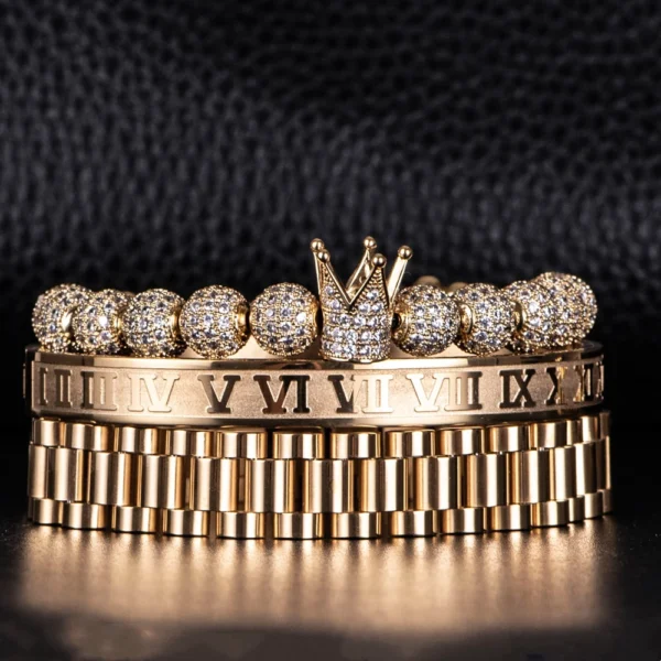 S160028d1f4934c61b0b4f213a0a5169ds-3.webp 3pcs Luxury Micro Pave CZ Crown Roman Numeral Bracelet Watch Band Stainless Steel Dudes Rollie Macrame Wristbands Men Jewelry