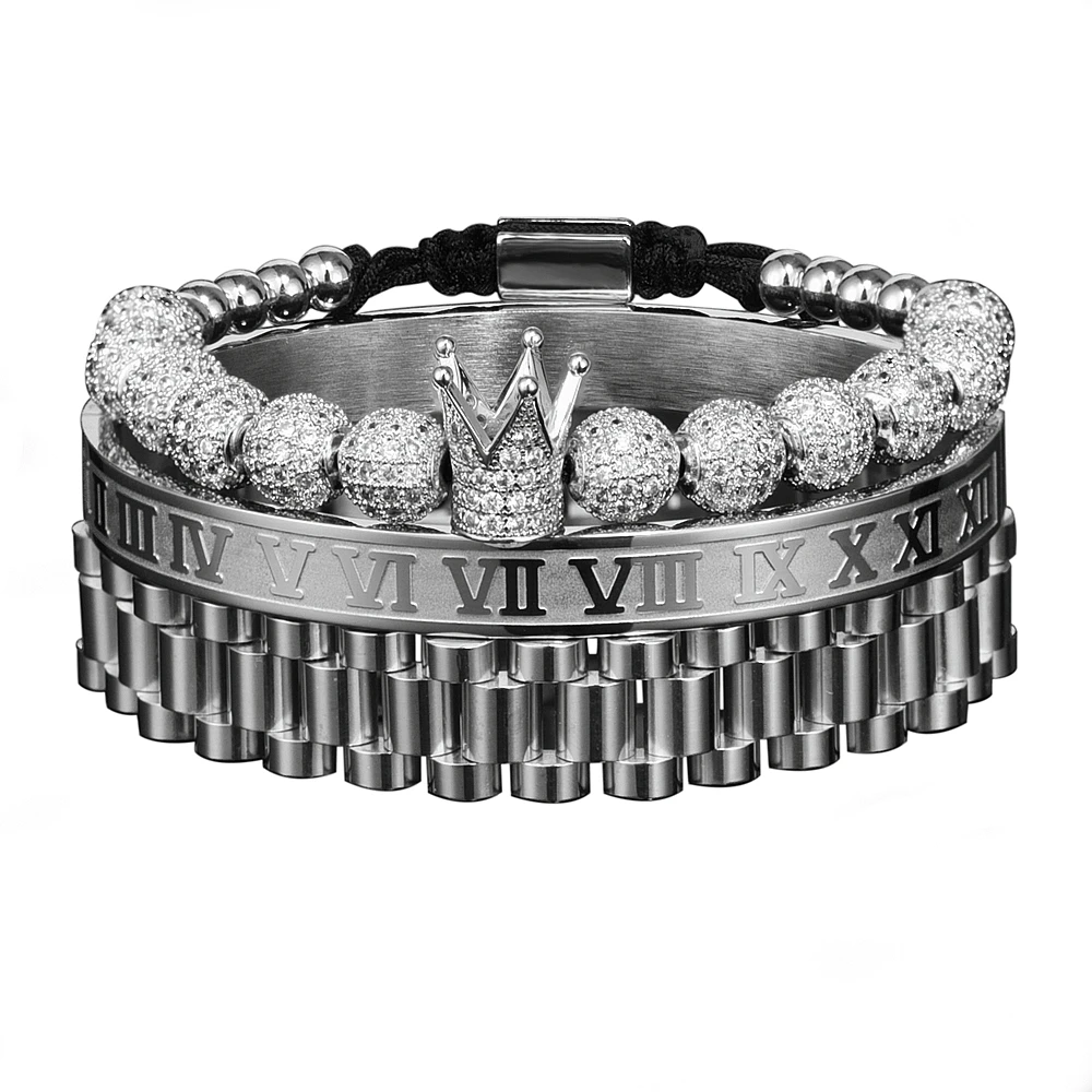 3pcs Luxury Micro Pave CZ Crown Roman Numeral Bracelet  Watch Band Stainless Steel Dudes Rollie Macrame Wristbands Men Jewelry