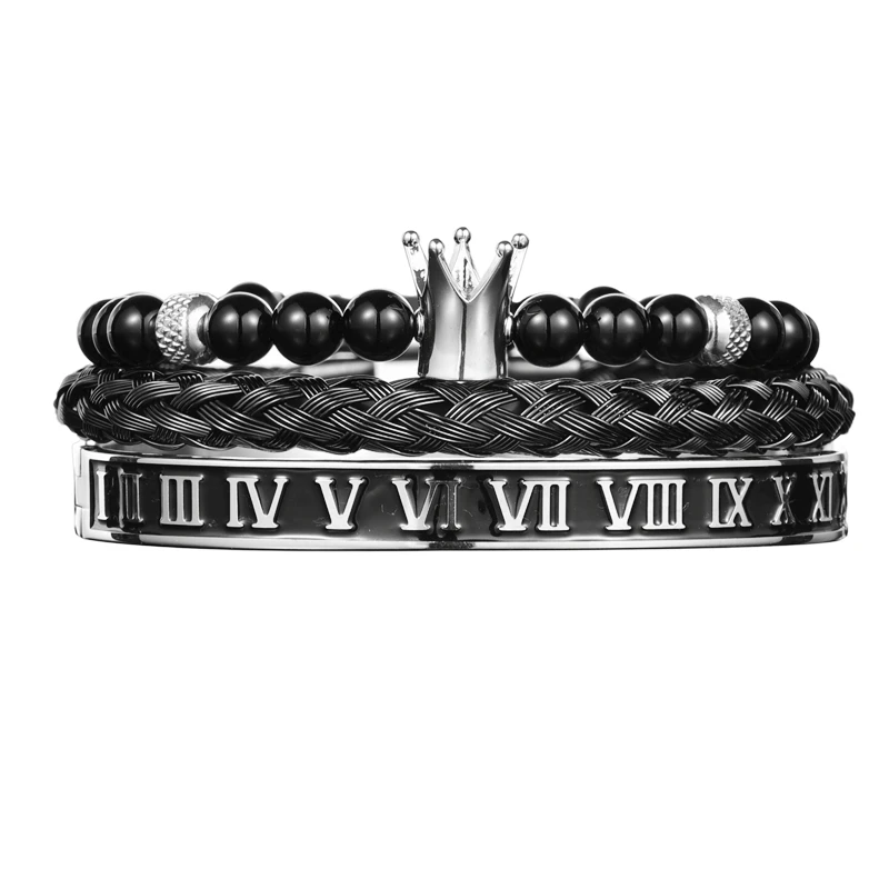 Luxury Set Crown Charm Gold Color Skull Bracelet Stainless Steel Men Black Enamel Roman Number Bangles Europe Couple Jewelry