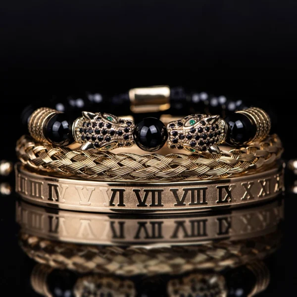 S285468fcc62b4cd8aff46c443c5970d3n.webp Luxury Set Bracelets Men Double Leopard head Handmade Enamel Roman Numeral Bangles Rope Buckle Stone Beads Jewelry Dropshipping