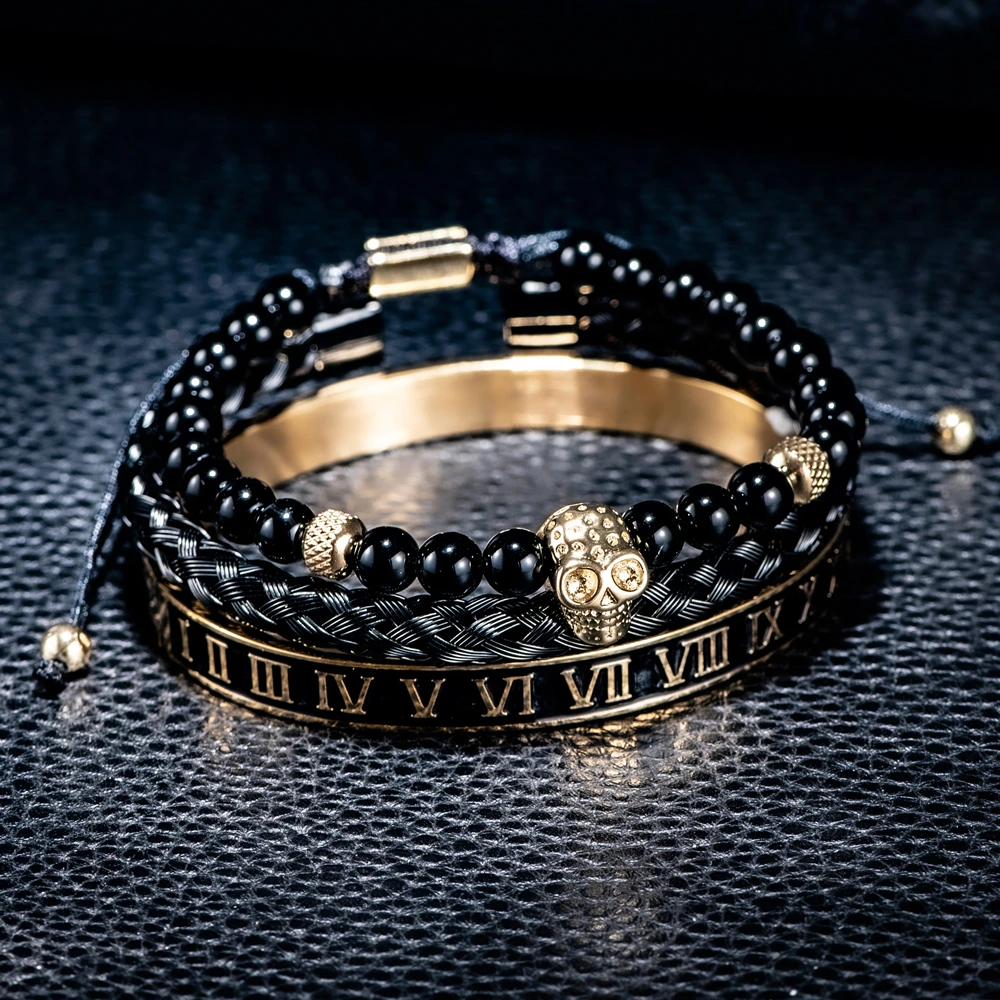 Luxury Set Crown Charm Gold Color Skull Bracelet Stainless Steel Men Black Enamel Roman Number Bangles Europe Couple Jewelry