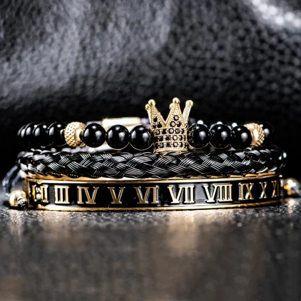 Luxury Set Crown Charm Gold Color Skull Bracelet Stainless Steel Men Black Enamel Roman Number Bangles Europe Couple Jewelry