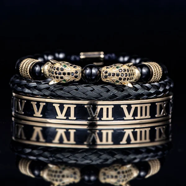 S3638620e0ae14c90a00921c525a6ac94V-2.webp Luxury Set Bracelets Men Double Leopard head Handmade Enamel Roman Numeral Bangles Rope Buckle Stone Beads Jewelry Dropshipping