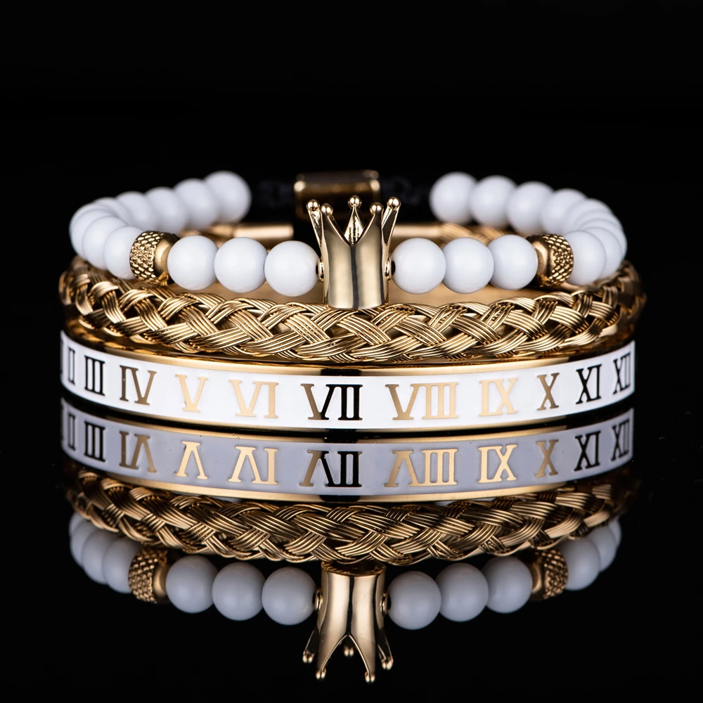 Luxury Set Crown Charm Gold Color Skull Bracelet Stainless Steel Men Black Enamel Roman Number Bangles Europe Couple Jewelry