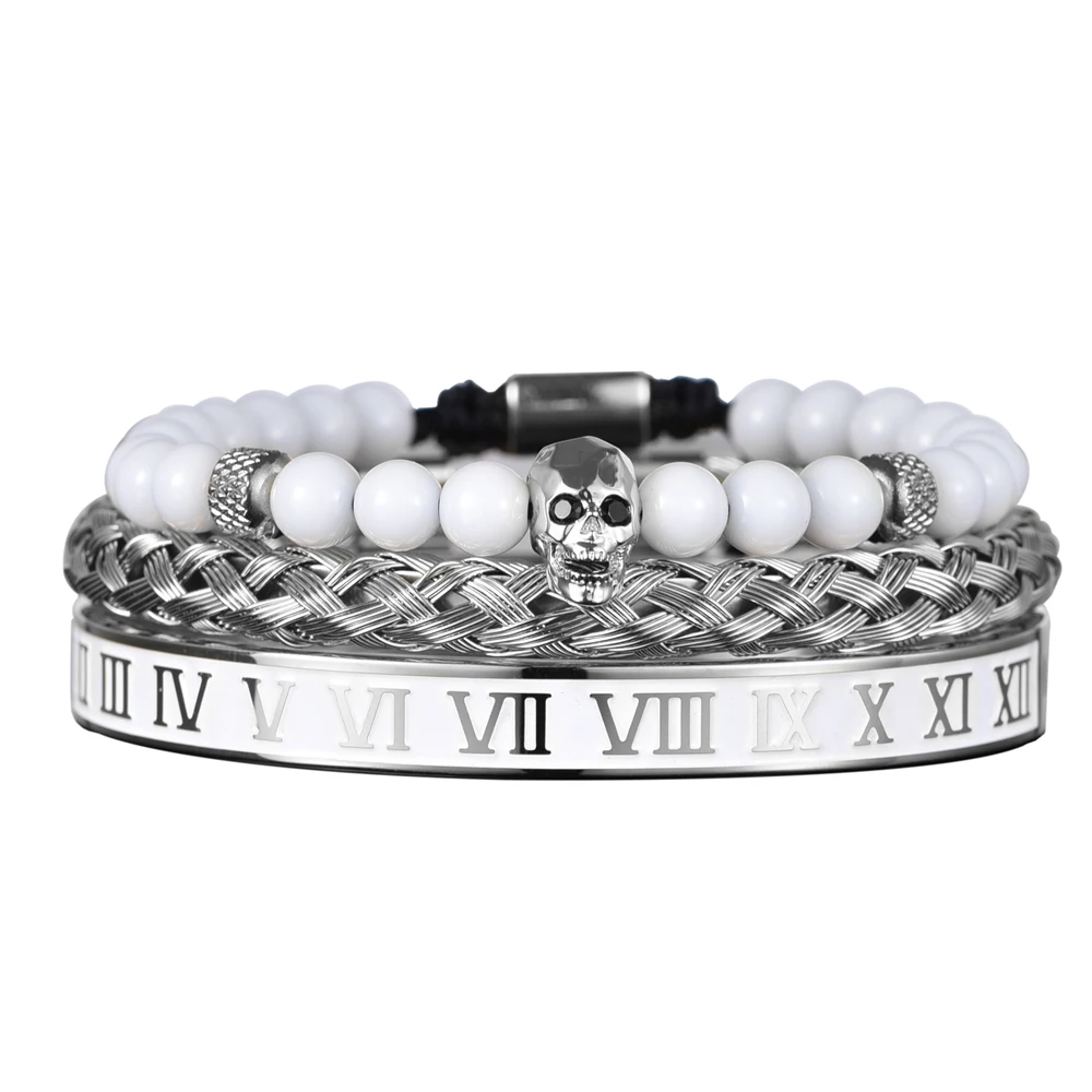Luxury Set Crown Charm Gold Color Skull Bracelet Stainless Steel Men Black Enamel Roman Number Bangles Europe Couple Jewelry