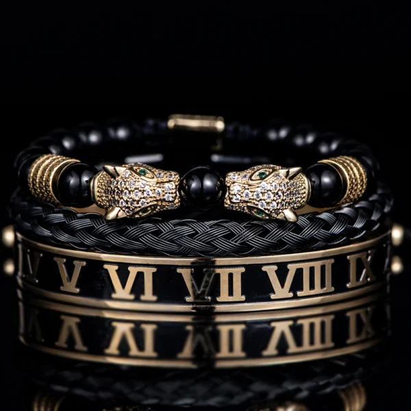 S5b5cdfe6bba747ef846c9333f625cac5Z-2.webp Luxury Set Bracelets Men Double Leopard head Handmade Enamel Roman Numeral Bangles Rope Buckle Stone Beads Jewelry Dropshipping