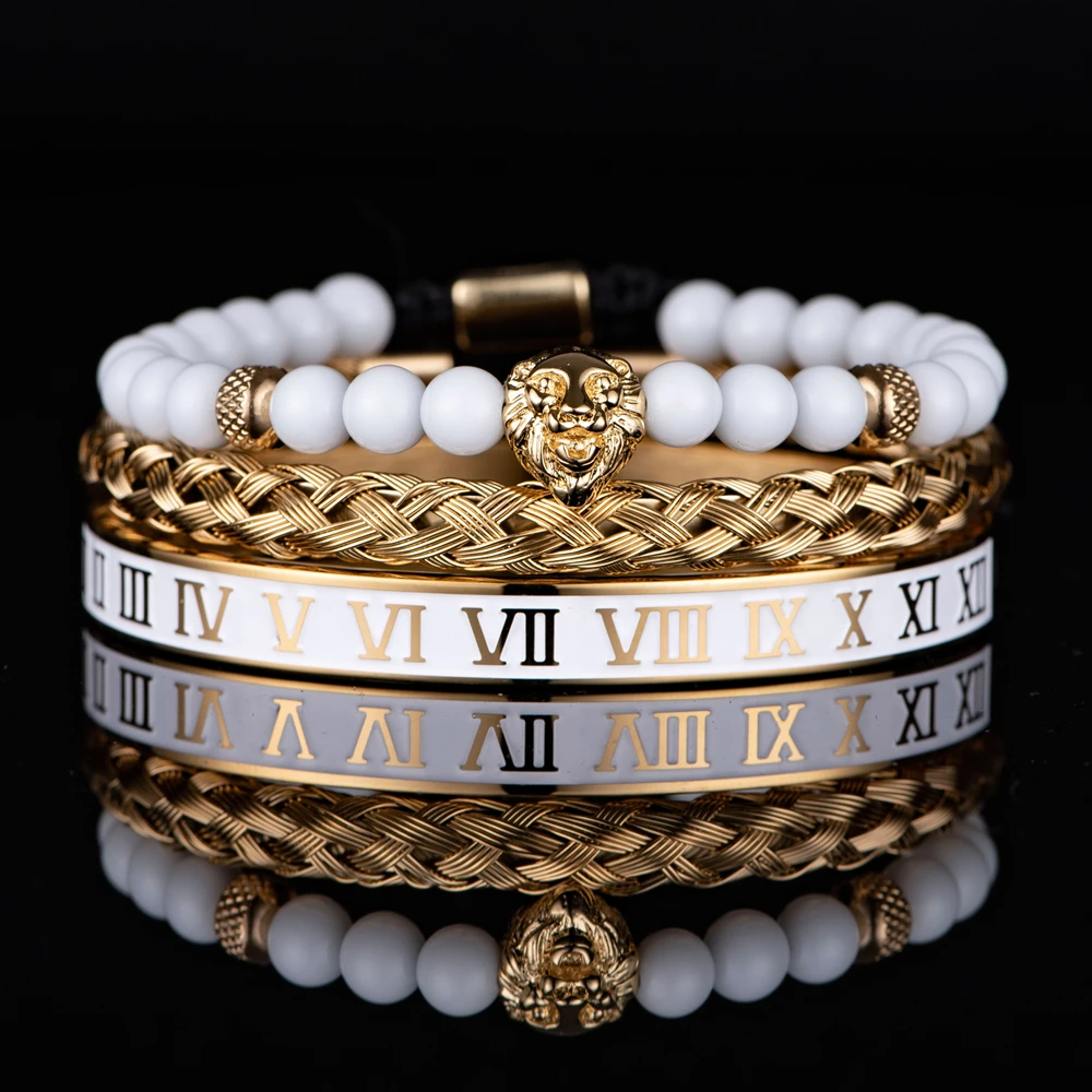 Luxury Set Crown Charm Gold Color Skull Bracelet Stainless Steel Men Black Enamel Roman Number Bangles Europe Couple Jewelry