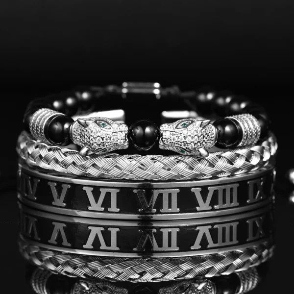 S5f021f9ecf664ca8ab6bd7081117b1de6.webp Luxury Set Bracelets Men Double Leopard head Handmade Enamel Roman Numeral Bangles Rope Buckle Stone Beads Jewelry Dropshipping