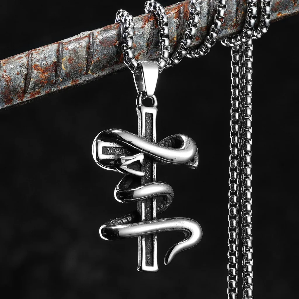 Snake Around Cross Men Necklaces Stainless Steel Pendant Chain Women Fashion Simple Jewelry Punk New Accessories Gifts Wholesale