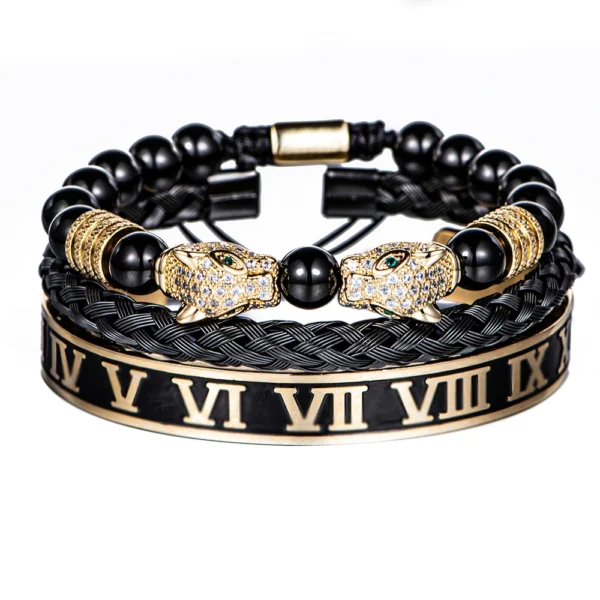 S6580814b5b0a4dd78ebe18f80ee7dbcdL.webp Luxury Set Bracelets Men Double Leopard head Handmade Enamel Roman Numeral Bangles Rope Buckle Stone Beads Jewelry Dropshipping