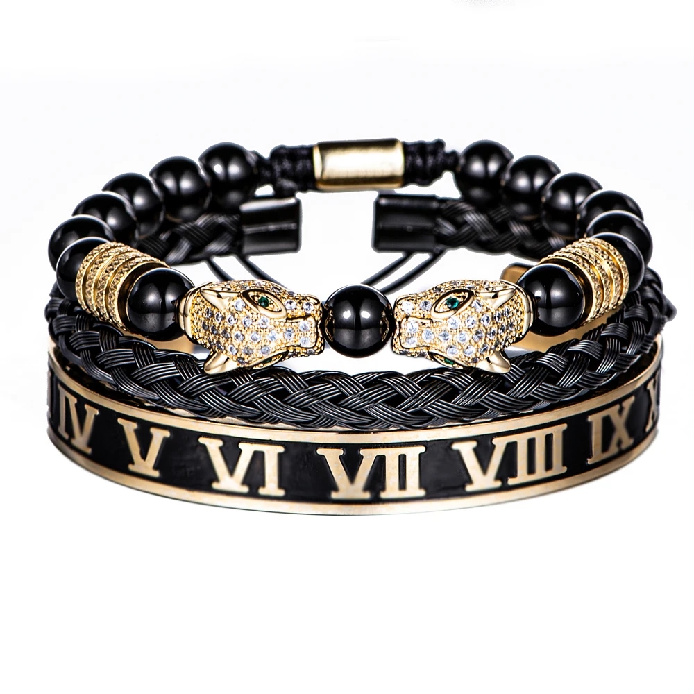 Luxury Set Bracelets Men Double Leopard head Handmade Enamel Roman Numeral Bangles Rope Buckle Stone Beads Jewelry Dropshipping