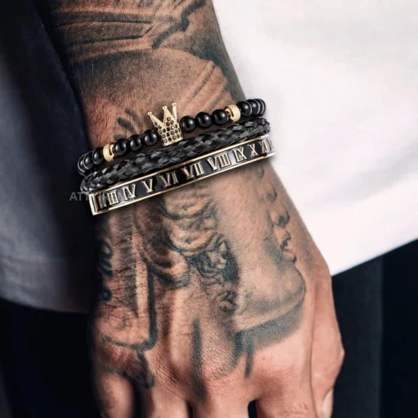 Luxury Set Crown Charm Gold Color Skull Bracelet Stainless Steel Men Black Enamel Roman Number Bangles Europe Couple Jewelry
